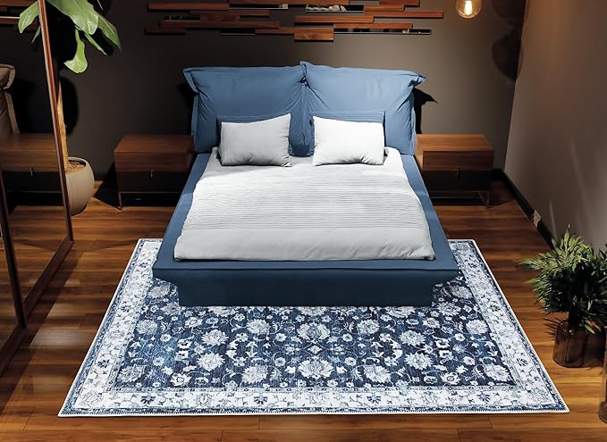 Bloom Rugs Washable Non-Slip 8' x 10' Rug - Dark Blue Traditional Bordered Area Rug for Living Room, Bedroom, Dining Room, and Kitchen - Exact Size: 8' x 10'