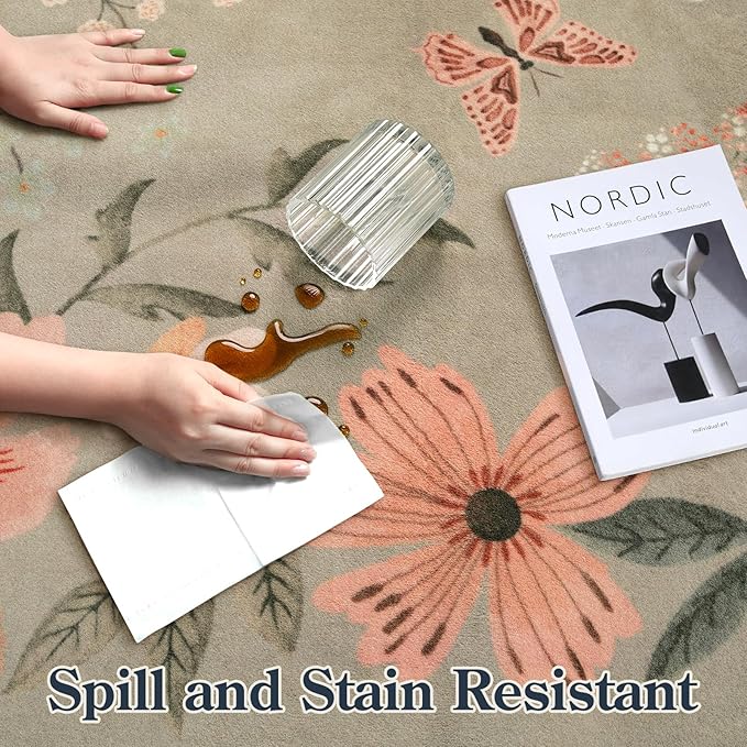 Lahome Floral Machine Washable Rug, 3x5 Rug Non Slip Soft Bedroom Rugs for Entryway Dorm, Ultra-Thin Boho Rugs for Living Room Stain Resistan Throw Carpet for Nursery Entrance,Brown