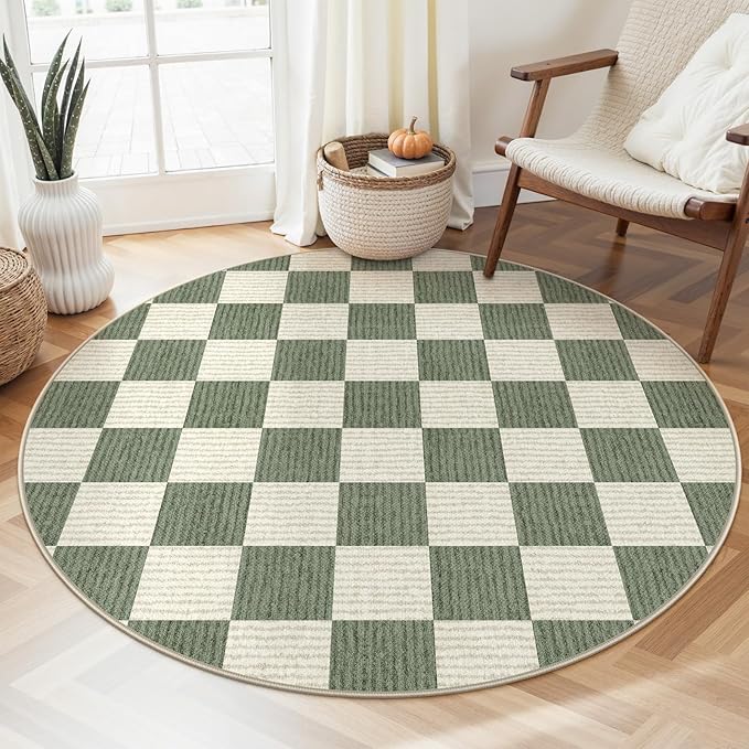 LIVEBOX Checkered Round Rug 4 Ft Washable Area Rug for Playroom, Kids Non-Slip Neutral Classic Circle Rug Geometric Large Carpet Soft Boys Rug for Classroom Dorm Bedroom(Green,120R)