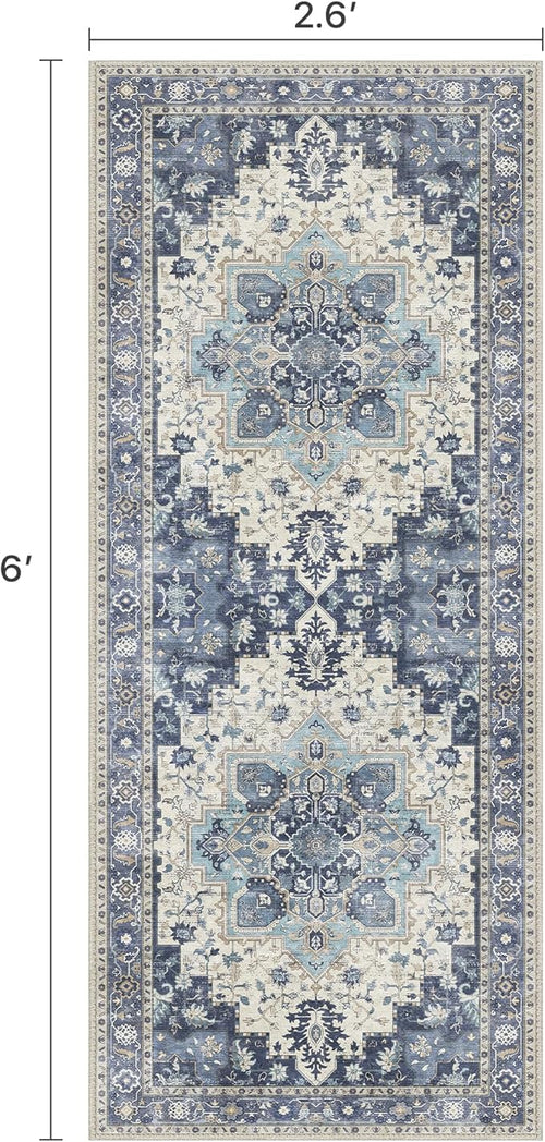 2'6''x6 Runner Rugs for Hallway, Machine Washable Non Slip Vintage Rugs, Low Pile Lightweight Soft Print Rug for enrtyway, Corridor, Home Office, Kitchen, Center Blue