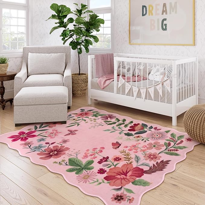 Lahome Floral Washable Rugs, 4X6 Pink Rugs for Bedroom Girls Ultra-Thin Soft Living Room Rug, Non-Slip Stain Resistant Boho Lightweight Low-Pile Throw Carpet for ‎Nursery Office (4x6ft, Pink)