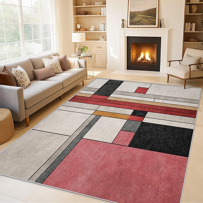 4x6 Abstract Geometric Rugs for Bedroom Decor, Washable Black White Red Geometry Pattern Area Rug, Living Room Home Decoration, Non Slip Soft Thin, Minimalist Modern Decor Carpet PF-P 49