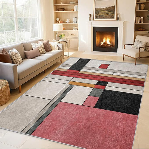 2x3 Abstract Geometric Throw Rugs for Entryway, Washable Black White Red Pattern Indoor Door Mat, Bedroom Kitchen Entrance, Non Slip Soft Thin, Minimalist Modern Decor Small Area Rug PF-P 49