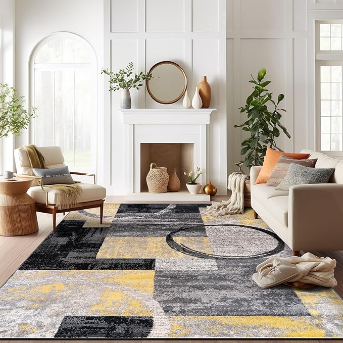 Rugshop Contemporary Circle Design Area Rug, Carpet with Jute Backing for Living Room, Bedroom, or Dining Room, Yellow, 5'3" x 7'3"