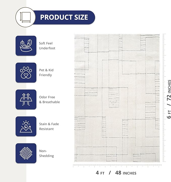 Abani Cream Area Rug – 4' x 6' – Oliver Collection – Geometric Linework Pattern – Non-Shedding, Easy to Clean – Durable for Living Room, Bedroom, or Office, Pet & Child Friendly