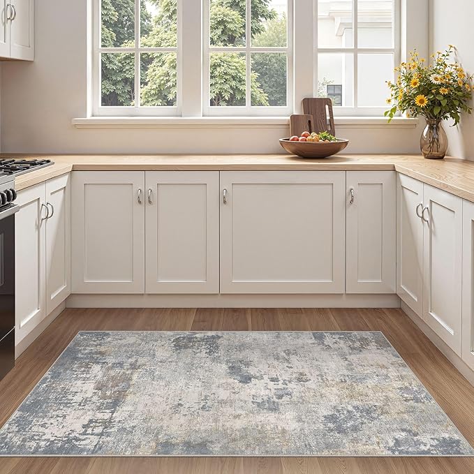 3x5 Area Rug Living Room Rugs - Washable Neutral Modern Abstract Soft Thin Rug Indoor Floor No Slip Rug Carpet for Bedroom Under Dining Table Home Office Decor - Blue Grey