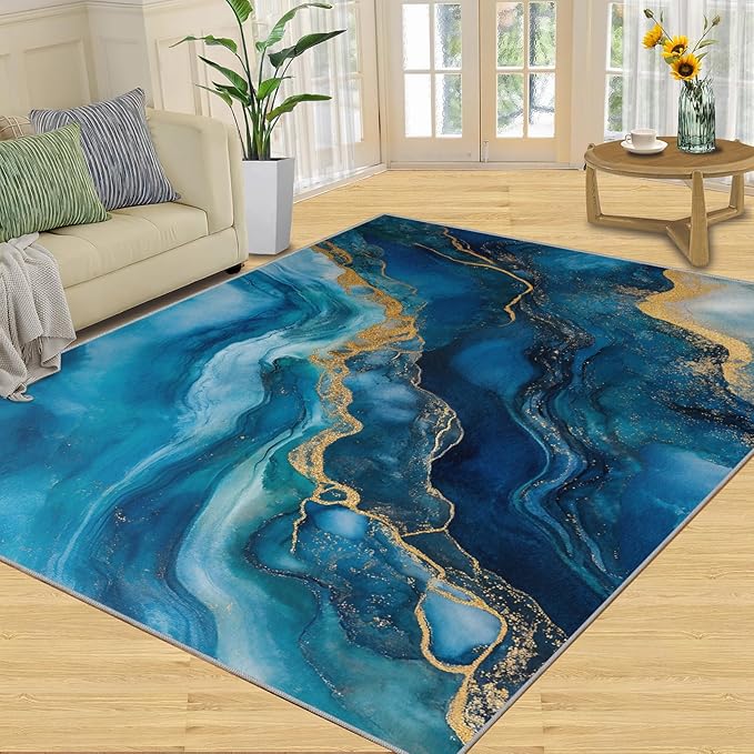 Blue Gold Marble Rugs for Bedroom - 3x5 Area Rug - Modern Fashion Marble Rugs for Living Room, European Light Luxury Art Rug, Washable Home Decor Carpet
