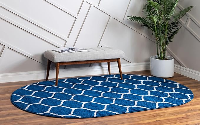 Rugs.com Lattice Frieze Collection Rug – 5' x 8' Oval Navy Blue Medium Rug Perfect for Living Rooms, Large Dining Rooms, Open Floorplans