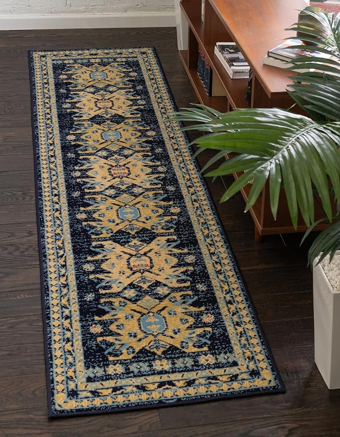 Unique Loom Taftan Collection Border Geometric Tribal Inspired Design Area Rug (2' 7 x 10' 0 Runner, Navy Blue/ Gold)