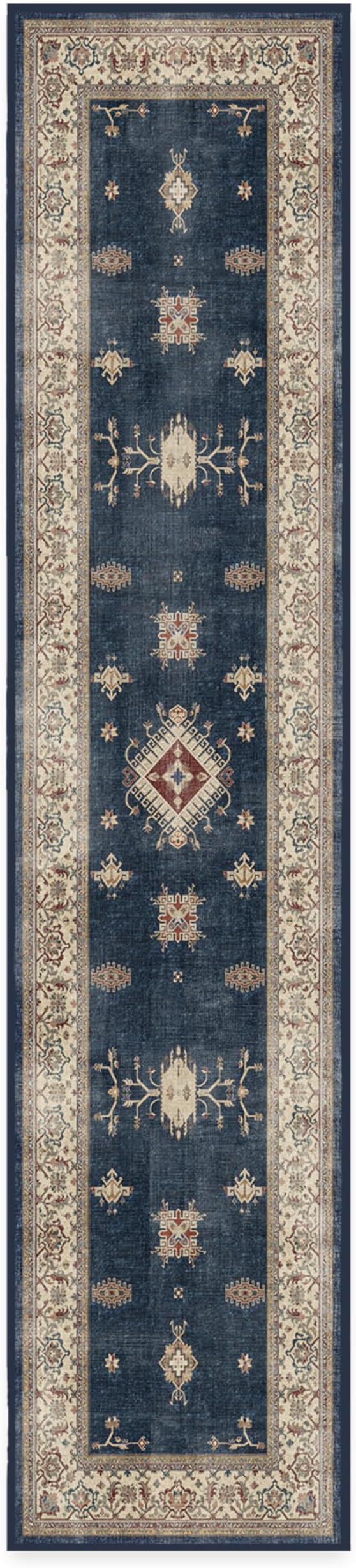 RUGGABLE Washable Vintage Runner Rug – Verena Sapphire 2.5x12, Stain-Resistant, Non-Slip Hallway Runner – Machine Washable Rug for Hallway, Entryway, Living Room & Kitchen–with Standard Pad