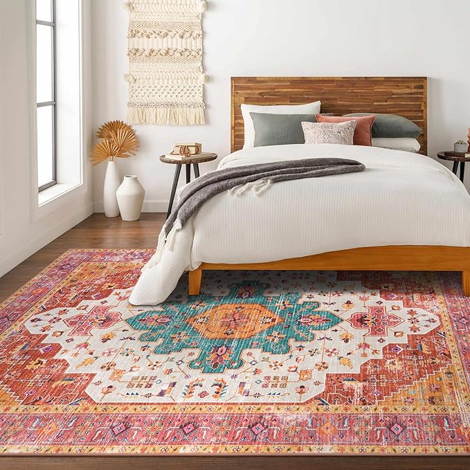 Moynesa Ultra-Thin Washable Pink Area Rug - 6x9 Large Boho for Girls Bedroom, Dining Room, Non-Shed Playroom, Office, Indoor Printed Boho Floor Carpet for Living Room Decor