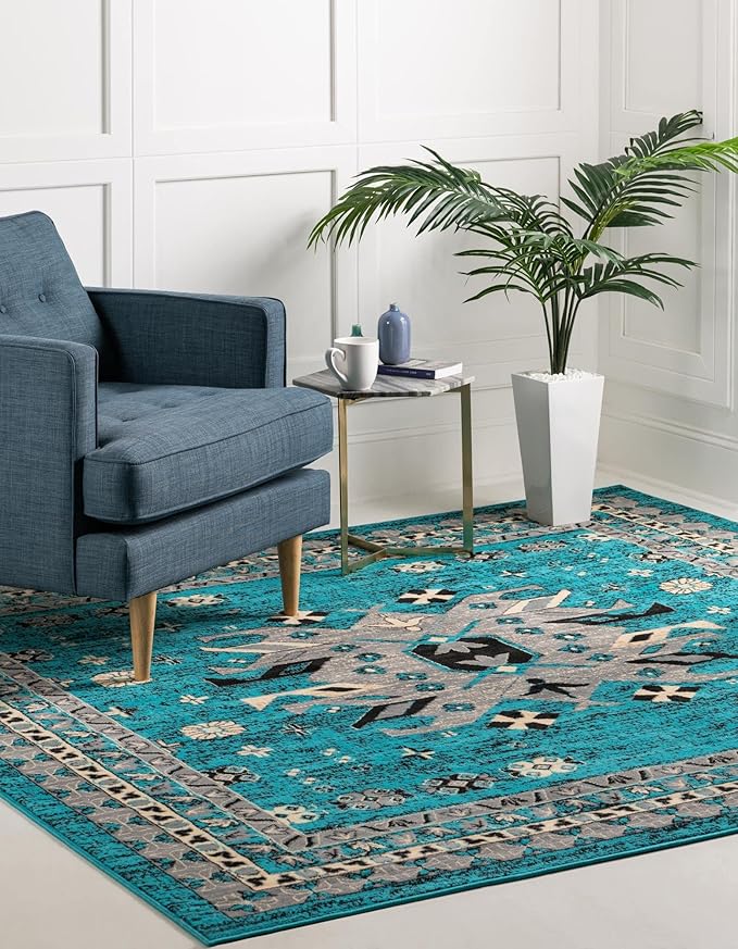 Unique Loom Taftan Collection Border Geometric Tribal Inspired Design Area Rug (8' 0 x 8' 0 Square, Turquoise/ Gray)