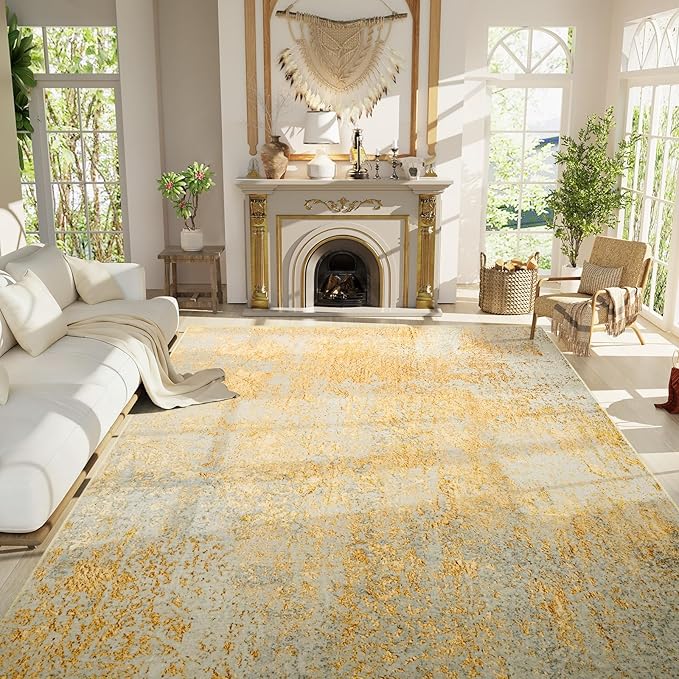 Ompaa Living Room Rug 8x10 Area Rugs Washable Abstract Boho Large Carpet Non-Slip Non-Shedding Faux Wool Indoor Vintage Rug for Bedroom, Classroom, Dining Room, Kids Playroom (Orange, Silver & Gray)