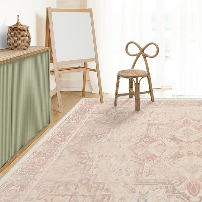 RUGGABLE Washable Area Rug – Kamran Soft Pink 8x10, Stain-Resistant, Non-Slip – Large Machine Washable Rugs for Living Room, Bedroom, Hallway, Entryway & Office–with Cushioned Pad
