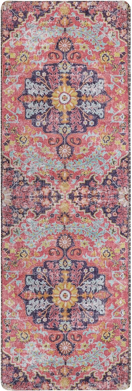 Lahome Bohemian Floral Medallion Runner Rug - 2x6 Hot Pink Hallway Runner Laundry Mat, Machine Washable Non-Slip Soft Indoor Carpet for Bathroom Bedside Basement Camper Home Decor, Fuchsia/Multi