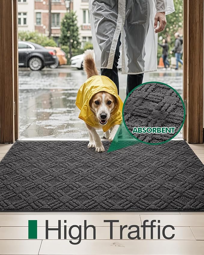 LUMI Indoor Door Mat, Absorbent Non-Slip Thin Doormat, Washable Door Mats, Woven Pattern Inside Floor Mat, Ideal for Entryway, Front Door, Home Decor, 32"x48", Woven Grey