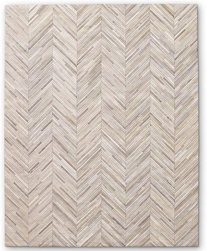 Elegant Rectangular Rug Cowhide Leather Stylish Luxury Non Slip Chevron Patchwork Area Rug for Living Room and Indoor Floor Carpet (Beige-3 x 8 ft)