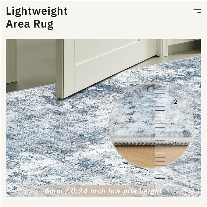 9x12 Area Rugs for Living Room, Abstract Non Slip Machine Washable Vintage Rugs, Low Pile Lightweight Large Rug for Bedroom, Dining Room, Home Office Blue