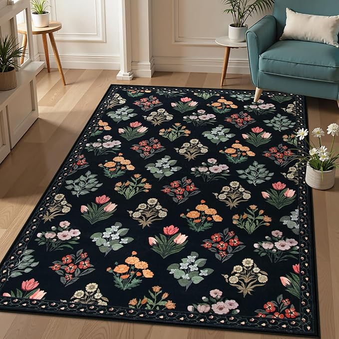 Wonnitar Floral Print Rug for Living Room, Black Washable 5x7 Area Rugs, Ultra-Thin Non Slip Stain Resistant Bedroom Carpet for Dining Room Playroom Office Dorm, Black/Multi