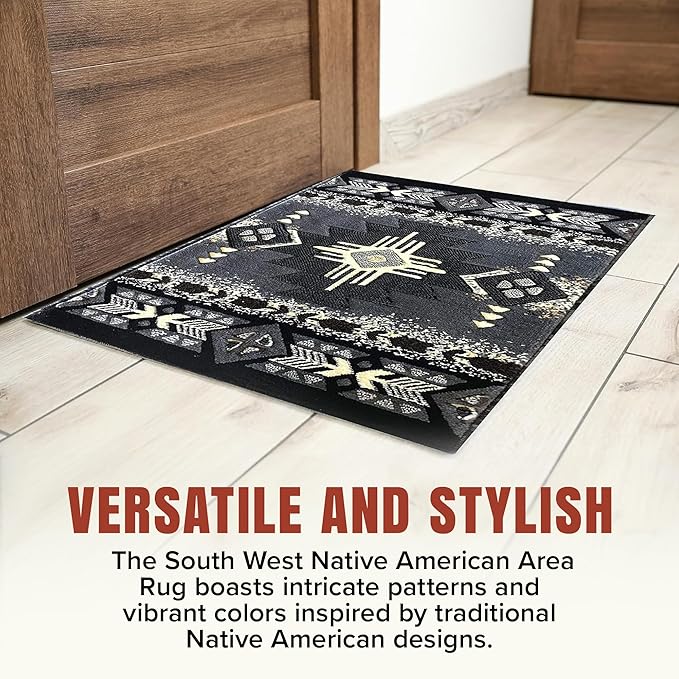 YHSF South West Native American Area Rug C318 - Easy Clean, Thick, Soft, Durable Native Tribal American Indian Inspired Rug for Bedroom/Living Room and More - Grey, 5 Feet x 7 Feet