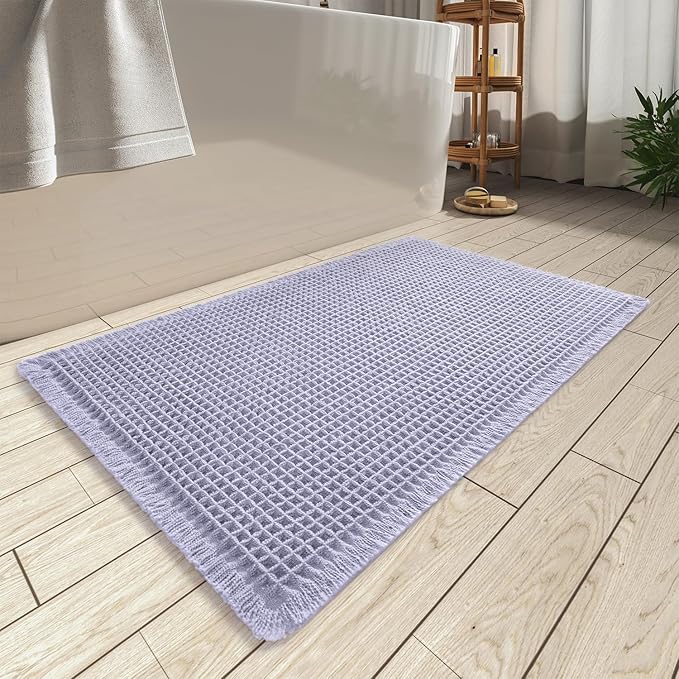 AMOAMI Upgraded Waffle Bath Mat, Super Absorbent Non Slip Bath Mats for Bathroom Floor, Machine Washable Bathroom Rugs with Tassels, Rubber Backed Bathroom Mats, Ultra Soft, 20" x 32",Purple