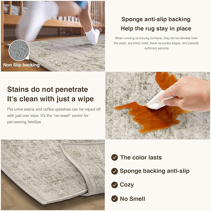 HUGEAR Washable 2x3 Entryway Area Rugs Retro Beige Small Vintage Distressed Non Slip Stain Resistant Low Pile Neutral Throw Carpet for Bedside Kitchen Entryway Home Decor