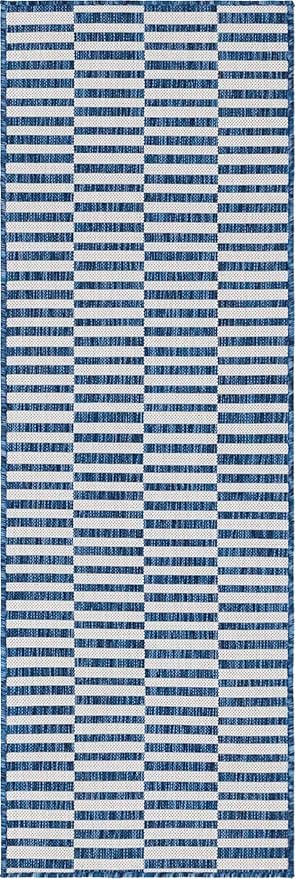 Unique Loom Outdoor Striped Collection Area Rug - Striped (2' x 6' 1" Runner, Blue/Ivory)