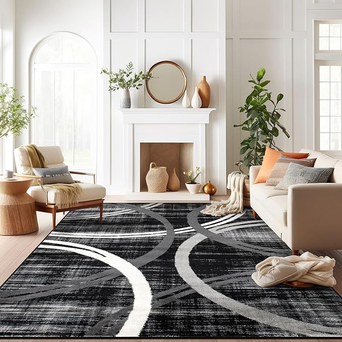 Rugshop Modern Wavy Circles Design Area Rug, Non-Shedding Carpet for Living Room, Primary Bedroom, or Dining Room, Grand Room,Open Spaces Black, 10' x 14'