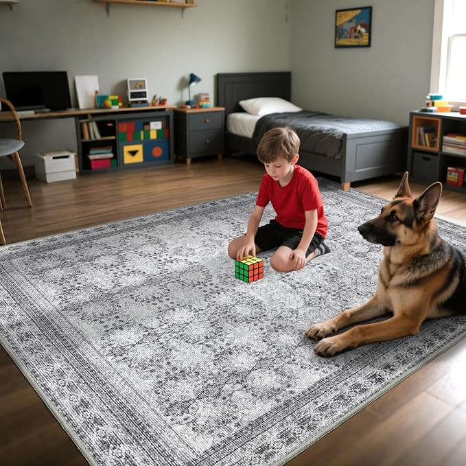 Large Faded Gray 8x10 Washable Area Rug for Living Room, No Shedding Vintage Floral Print Rugs Non Slip, Indoor Foldable Thin Retro Accent Carpet for Bedroom Farmhouse Dining Room