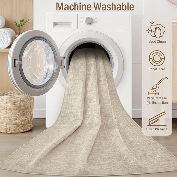 Area Rugs 9x12 Living Room: Washable Large Vintage Rug Neutral Non-Slip Soft Stain Resistant Indoor Carpet for Bedroom Nursery Dining Room Under Table Bed Home House Office Playroom - Brown