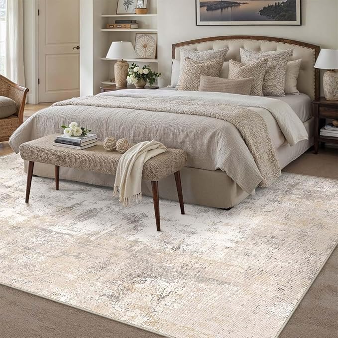 8x10 Washable Area Rug Beige Grey Abstract Living Room Bedroom Carpet Neutral Modern Non Slip Soft Medium Pile Indoor Large Throw Rug for Dining Room Office