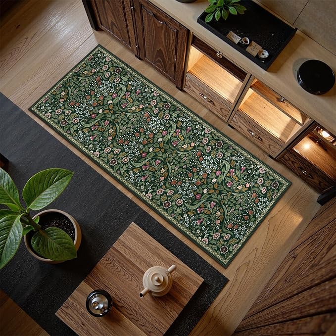 Lahome Floral Hallway Runner, 2x6 Green Washable Runner Rug for Kitchen Non Slip, Soft Stain Resistant Long Carpet for Bathroom Entryway with Rubber Backing