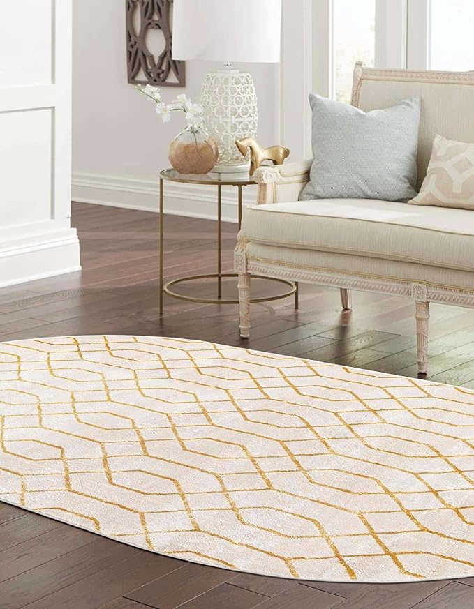 Unique Loom Glam Collection Area Rug - Trellis (7' 10" x 10' Oval, White Gold/ Gold)