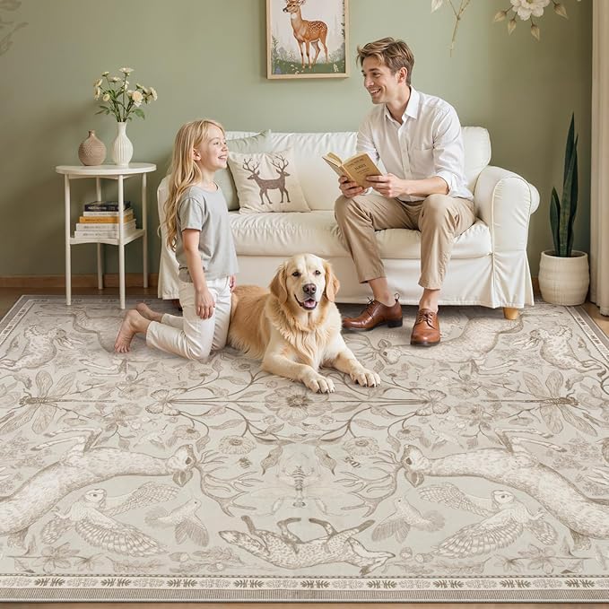 Lahome Boho Animal 5x7 Washable Living Room Area Rugs, Beige Soft Rugs for Bedroom, Botanical Large Boho Non Slip Dining Room Carpet for Under Table Entryway Kitchen Office (5x7ft,Beige)