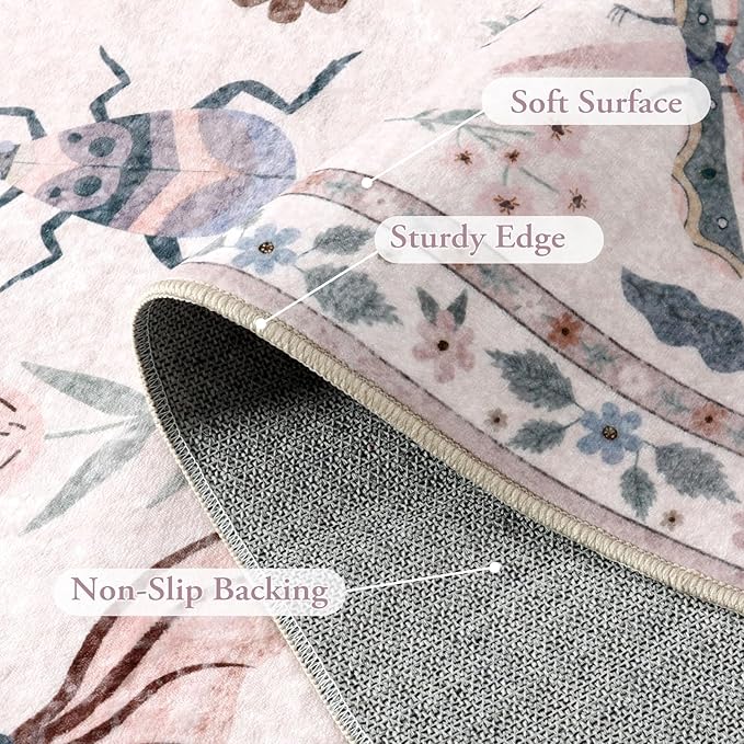Lahome Insect Machine Washable Rugs 5x7, Non Slip Soft Pink Rugs for Bedroom Girls Living Room, Ultra-Thin Stain Resistant Accent Carpet for Dining Room Office Nursery(5'x7',Pink)