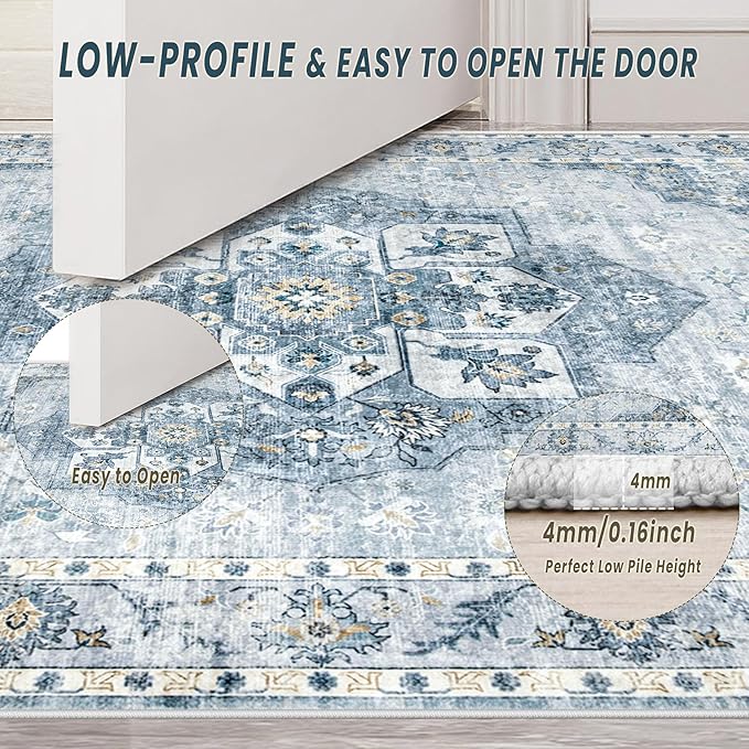 6x9 Area Rugs Washable Rugs for Living Room, Vintage Boho Rug Non-Slip Soft Floral Distressed Rug Low Pile Stain Resistant Carpet for Bedroom Nursery Office Dining Room Farmhouse Dorm(Blue, 6'x9')