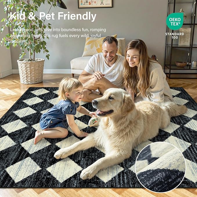 Lahome Moroccan Trellis Runner Rug - 2x8 Black Hallway Runner Rug with Rubber Backing, Checkered Kitchen Non Skid Carpet Runners Washable Indoor Mat for Camper Entryway Bathroom Hardwood Floor