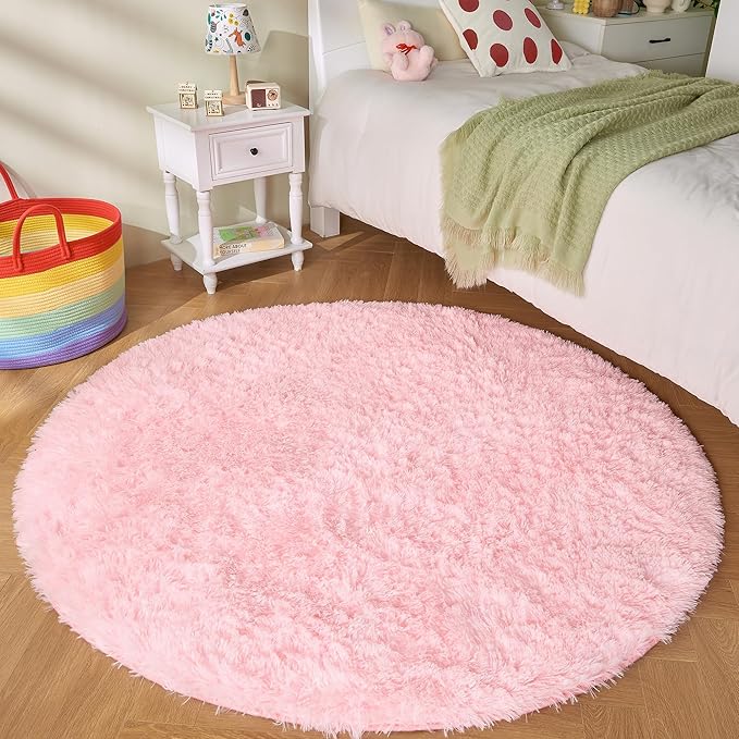 Andency Pink Round Area Rug for Bedroom, Shag Fuzzy Plush Circle Rug 7'X7' for Room, Cute Fluffy Circular Carpet for Dorm Playroom