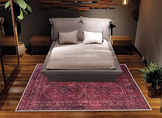 Bloom Rugs Washable Non-Slip 5' x 7' Rug - Dark Red Traditional Bordered Area Rug for Living Room, Bedroom, Dining Room, and Kitchen - Exact Size: 5' x 7'