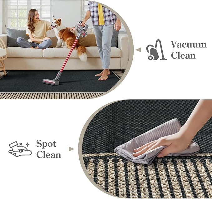 Moynesa Striped Border Easy Jute Outdoor Patio Rug 3x5, Washable Entryway Rug Non Slip with Rubber Backing, Farmhouse Modern Carpet for Backyard Bedroom Living Room Kitchen, Black