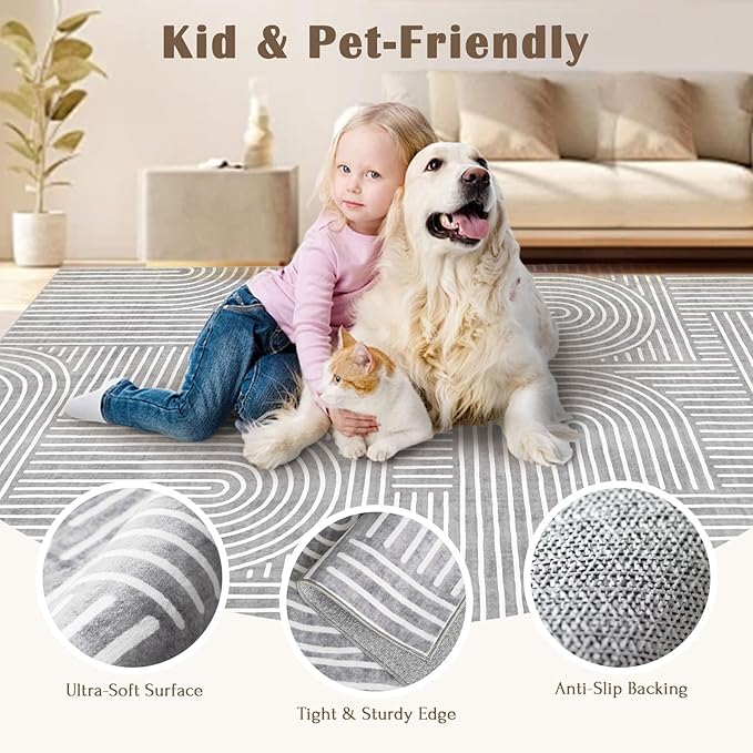 Washable Area Rug 8x10 - Large Grey Boho Rugs for Living Room Soft Abstract Bedroom Rug Ultra-Thin Modern Rainbow Carpet Dining Room Nursery Room Home Decor