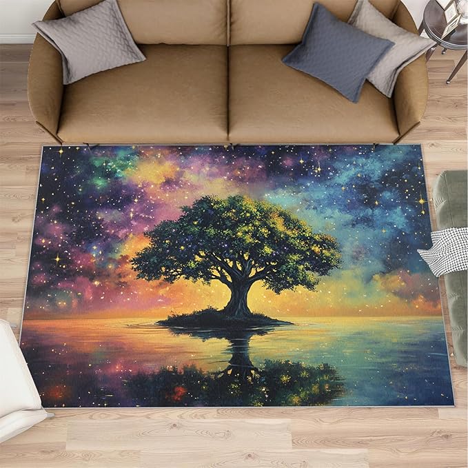 4x5 Tree of Life Indoor Outdoor Rug - Galaxy Tree Bedside Rug, Dreamlike Starry Sky Washable Entry Way Rugs Kids Carpet for Inside House Playroom Living Room End Table Nursery