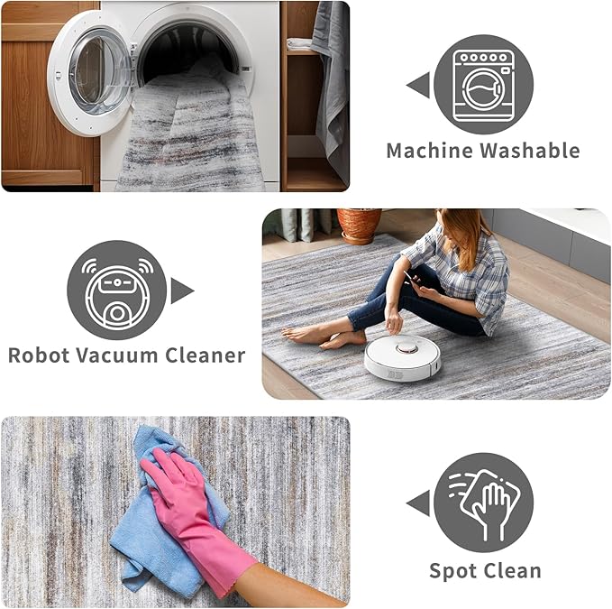 2x8 Washable Runner Rug for Family: Easy-to-Clean Runners for Hallway Entryway Bedroom - Stain and Water Resistant Rugs with Non-Slip Backing - Soft Low-Pile Carpet Beige Grey