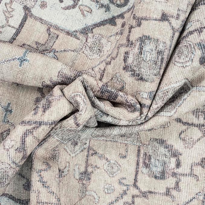 GLN Rugs Traditional Collection - Machine Washable Area Rug, Traditional Washable, Non Slip, Low Pile Chenille Rug, Living Room, Bedroom, Kitchen Rug (3' x 5' Cream/Gray)