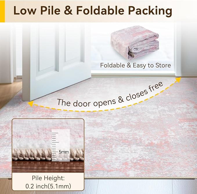 Washable Area Rugs 4'x6' Non-Slip Modern Abstract Soft for Living Room Entryway Bedroom Nursery, Print Pattern, Grey Pink