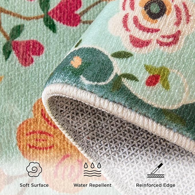 Living Room Rug 8x10 Rug Machine Washable Boho Area Rug Non Slip Floral Vintage Low Pile Large Rugs for Living Room, Bedroom, Farmhouse, Dining Room (Green)