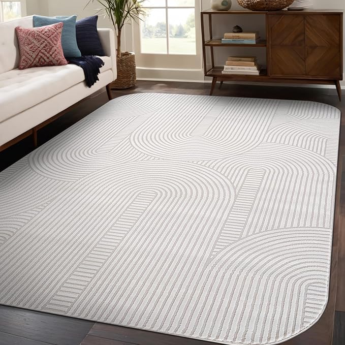 Beverly Rug Modern Geometric Area Rug 8x10 Low-High Pile Durable Soft Abstract Semi-Circles Indoor Rugs for Living Dining Room Office Stain Resistant Non Shedding Indoor Carpet Beige White 8 x 10