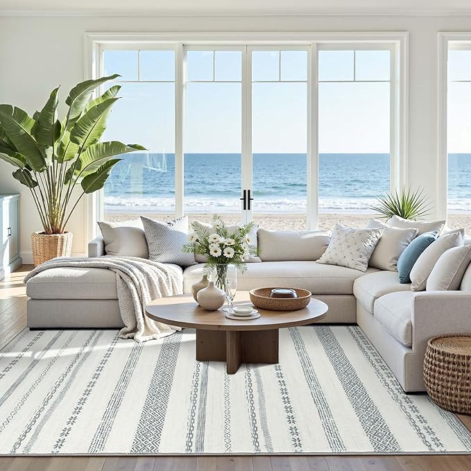 jinchan Moroccan Boho 8x10 Area Rugs for Living Room - Machine Washable Soft Throw Rug Bohemian Ripple Design Non-Slip Neutral Carpet for Bedroom Dining Room Home Office (8‘x10', Grey)
