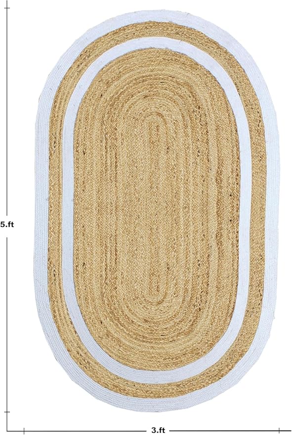 Oval Runner 3x20 Kilim Jute Runner Natural Oval Thick 0.27" Solid Design Beige White Hand Braided Jute Flatweave Mat Handmade Boho Indoor Outdoor Rugs for Hallway Enterway Staircases Corridor