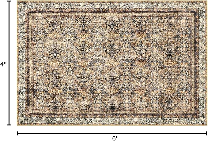 Phantoscope Washable Area Rug 4'x6' Non-Slip, Vintage Neutral Rugs for Living Room, Bedroom, Dining Room, Distressed Boho Floral Medallion Pattern, Low-Pile Foldable Carpet, Brown/Charcoal Spice